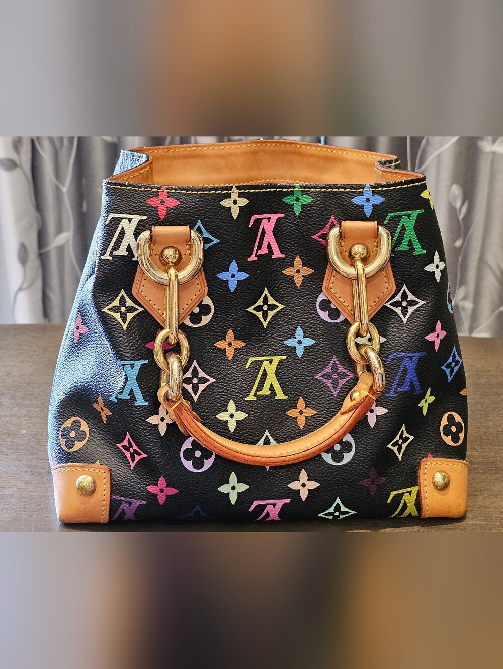 Louis Vuitton Audra Multicolor Monogram Handbag with Vachetta Trim Gold Accents